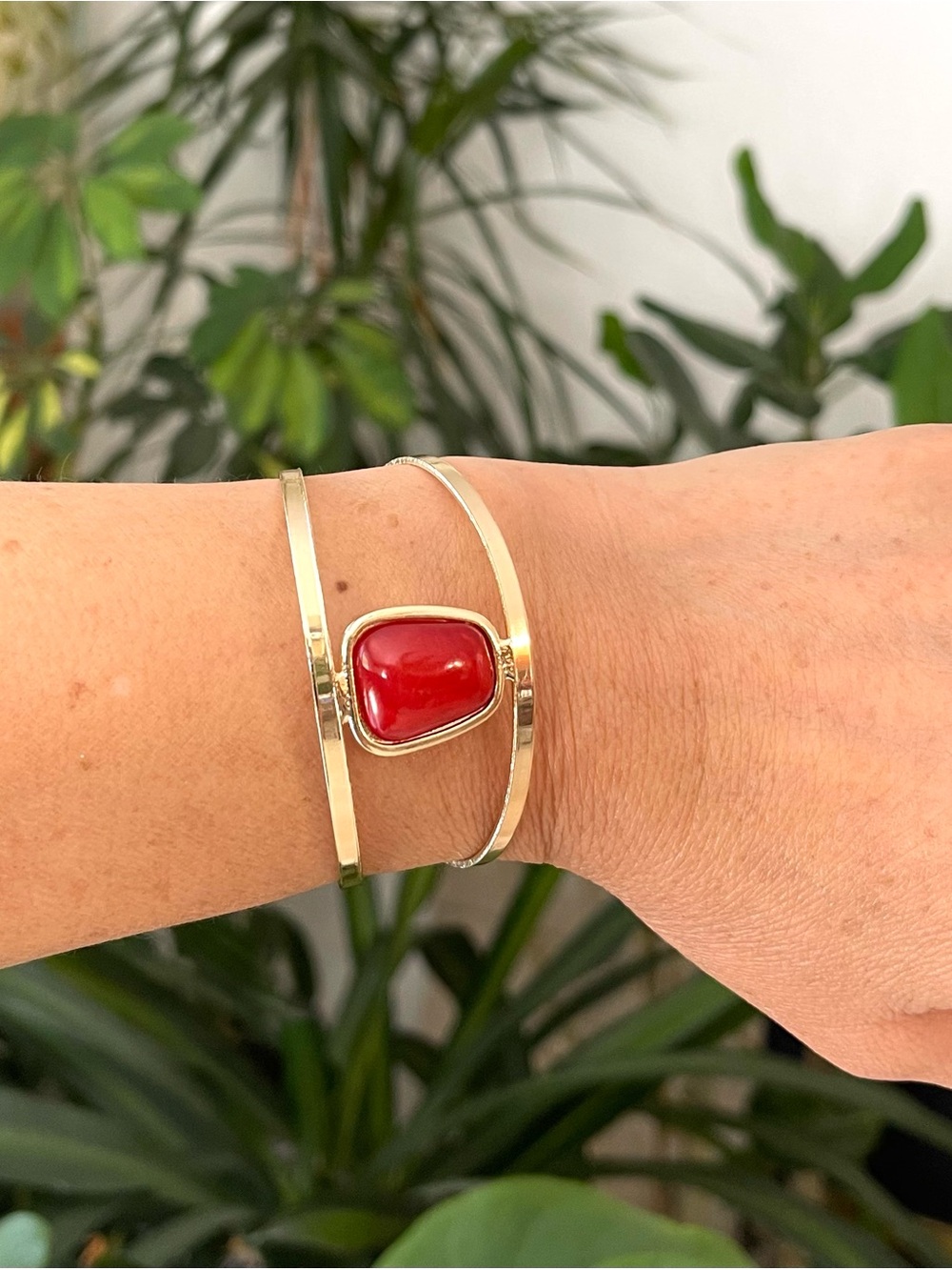 Stunning Gold-Tone Cuff Bracelet with Red Stone